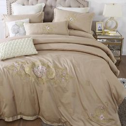 Bedding Sets Luxury Khaki Pink Blue Gray European Flowers Embroidery Egyptian Cotton Set Duvet Cover Bed Sheet/Linen Pillowcases