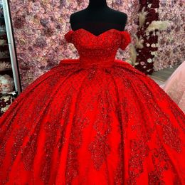 Red Shiny Off The Shoulder Sequined Appliques Lace Ball Gown Quinceanera Dresses Beading Bow Corset Vestidos De 15 Anos