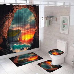 Shower Curtains Ocean Curtain Set Cave Skyline Waves Nautical Sea Marine Sunset Bathroom Anti-slip Bath Mat Toilet Lid Cover Rug