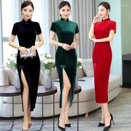 Ethnic Clothing Summer Retro Stand Collar Long Velvet Cheongsam Vintage Elegant Chinese Style Evening Dress Performance Qipao For Women