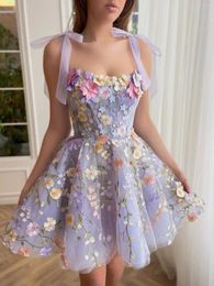 Party Dresses Simple A-Line Lilac Short Homecoming Dress With 3D Flowers Square Neckline Cocktail Length Wedding