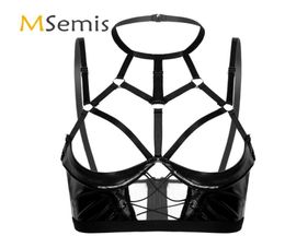 Sexy Womens Lingerie Cupless Bra Top For Sex Halter Neck Hollow Out Strappy Patent Leather Zipper Unlined Underwire Open Cup Bras3822315