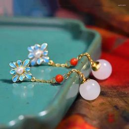 Dangle Earrings Original Classic Natural Hetian Jade Round Enamel Porcelain Petal Long Fresh Classical Luxury Ladies Silver Jewelry