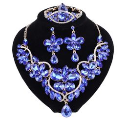 The New Blue Crystal Rhinestone Flower Necklace Earrings Set for Women Wedding Luxury Bridal Jewelry sets1263371