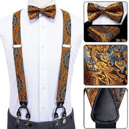 Luxury Silk Adult Mens Suspenders Metal 6 Clips Braces Bow Tie Hanky Cufflinks Male Wedding Party Vintage Elastic Adjustable 240119CJ