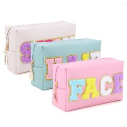 Cosmetic Bags 3PCS Makeup Organizer Bag Set With Patches Chenille Letter Pouch Zipper Closure PU Leather For Travel Accessories