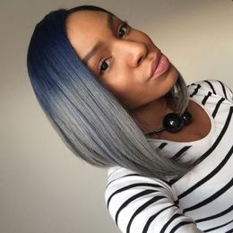 Side Part High Temperature Fibre blue ombre grey wig 180density full density Short Bob Synthetic Lace Front Wig For Women Mllua