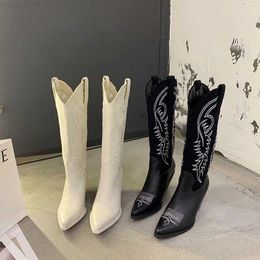 Boots Fashion Leather 223 Microfiber Emed Pointed Toe Western Cowboy Women Knee-High Boots Chunky Wedges 230807 109