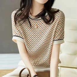 Ice Silk Chiffon Elegant Short Sleeve T-Shirt Loose Design Print Patchwork Beautiful Woman Blouse Casual Korean Female 240601