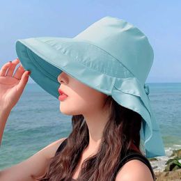 Wide Brim Hats Bucket Hats Girls Women Sun Hats Wide Brim UV Neck Protection Solar Beach Bucket Hats Foldable Ponytail Travel Panama Caps Free Shipping Y24060310KE