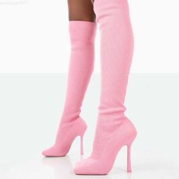 Boots Pink Elastic 746 Knitted Knee High Square Head Toe Stiletto Heel Slip on Boots Women Winter Shoes Party Dress Sexy Concise 230807