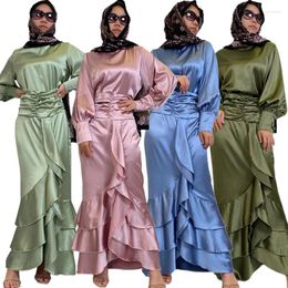Ethnic Clothing Fashion Women Satin Long Sleeve Tops Ruffles Bodycon Maxi Skirt 2 Pieces Set Dubai Turkey Dress Muslim Abaya Islamic Robe