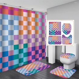 Shower Curtains Colorful Square Striped Bathroom Curtain Set Non-slip Carpet Foot Mat Toilet Decor