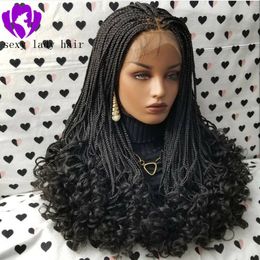 180density full 24inches black/brown /burgundy box braids wig Fully Hand Ponytail synthetic lace front Goddess Braids wig With Curly Ti Bhgi