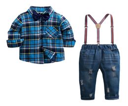 Boys Clothing Set Autumn Gentleman Suit Kids Long Sleeve Bow Tie Plaid ShirtStraps Jeans Pant Children Outfits9286239