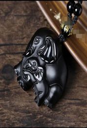 Natural Black Obsidian Carved Cute Elephant Lucky Pendant Beads Necklace 6657607