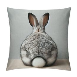 Pillow Case Throw Er Grey Rabbit Isolated On A White Background Bunny Tail Back - Soft For Decorative Bedroom/Livingroom/Sofa/Farm H Dhuxj