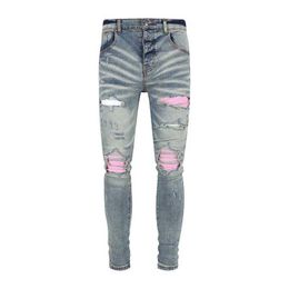 Men's Jeans Street Fashion Mens Jeans Vintage Wash Blue Elastic Slim Fit Open Front Jeans Mens Leather Patch Brand Designer Hip Hop Pants