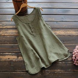 Women's Tanks Women Cotton Linen Tank Tops Casual Vintage Solid Color Sleeveless Loose Vest Button Blouse Summer Tee Plus Size