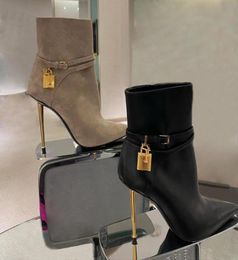 new Boot pattern Gold lock key decoration high heel boots side zip shoes pointed Toe stiletto heel booties Black calf leather Fash4214664