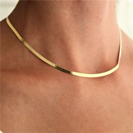 Chains Punk Fashion Flat Snake Chain Choker Necklaces Female Golden Color 14k Yellow Gold Neck Chains For Women Collar Jewelry Gift