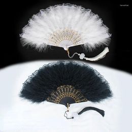 Decorative Figurines Feather Fan Dance Cheongsam Catwalk Folding Hanfu Lace Ancient Style Black Female Internet Celebrity White