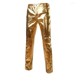 Men's Pants Gold Metallic Pu Leather Motorcycle Men Skinny Tights Disco Party Halloween Trousers Stage Dancer Prom Pantalones Hombre