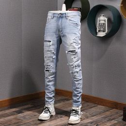 Men's Jeans Embroidery Ripped Hole Patch Washed Denim For Men Western Style Light Blue Slim Fit Straight Stretch Pants 24ss Y2k Youth