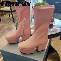 Boots Thick Sole Platform Mid-Calf Women Real Leather Side Zipper Stretch Height Increasing Slim Brand Modern