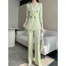 Men's Suits Summer Green Elegant Chic For Women Vintage Casual Business Solid Colour 2PCS Set Blazer Straight Pants Female Clothing