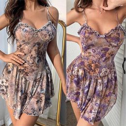 Casual Dresses Dress Fragmented Floral Pattern Retro Suspender Skirt With Waistband Short Youth Sexy Costume Women