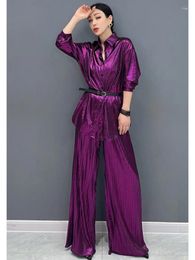 Women's Two Piece Pants Vefadisa 2024 Summer Purple Gold Women Sets Glossy Pleated Long Shirt With Belt Wide Leg Fashion HLX351