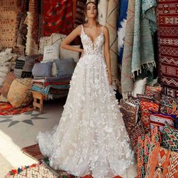 Elegant Lace 3D Flowers Appliques Dresses 2025 V-Neck Backless Wedding Gown Vestido De Noiva Customer Made 0605