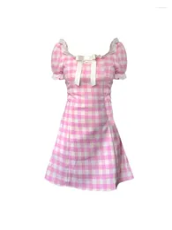 Party Dresses Elegant Summer Vintage Sleeve Pink Checkerboard Plaid Bow Sexy Sweet Costume Casual One-Piece Frocks Kawaii 2000s