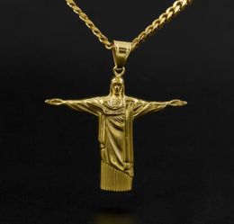 Hip Hop Cuba Chain 18k Gold Plated CZ Fully IcedOut Rio de Janeiro Jesus Stainless Steel Pendant Necklace Mens Fashion Jewelry4096733