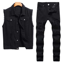 Men's Tracksuits Ripped Denim Vest Jeans 2-piece Sets for Men | Casual Black Slim Fits8jr