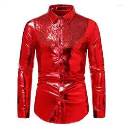 Men's Casual Shirts Red Metallic Sequin Splicing Glitter Shirt Men Long Sleeve 70's Disco Halloween Xmas Party Mens Club Stage Prom