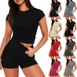 Women's Shorts Fashion Solid Colour Round Neck Slim Fit Short Sleeved Top Casual Sports Sets Sweatsuits Clothes For Women