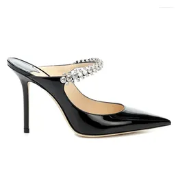 Slippers Woman Summer 2024 Fashion Elegant Designer Luxury Sexy Rhinestone Stiletto Pumps Chic Point Pointed Toe Satin Shoes