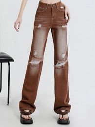 Women's Jeans Women High Waisted American Retro Denim Wide Leg Female Designer Ripped Pants Girls Brown Green Straight Hole Trousers