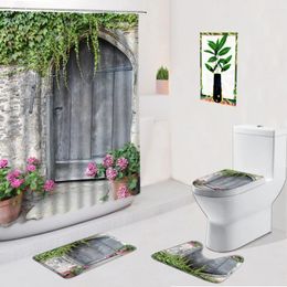 Shower Curtains Wooden Door Bathroom Set Retro Gate Plant Flower Home Supplies Non-slip Carpet Bath Mat Toilet Cover Doormat