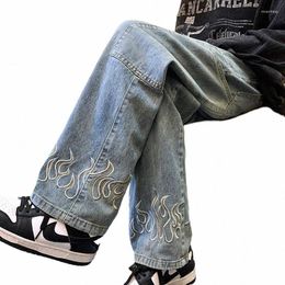 Men's Shorts Y2k Vintage Flame Printed Jeans For Men Baggy Streetwear Wide Leg Denim Trousers 2024 Hip Hop Fi Straight Pantales R4jr#