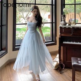 Party Dresses Topenomi Blue Mesh Spaghetti Strap Evening Dress Women Summer Sexy Waist A-line Birthday Gowns Fairy Night Prom