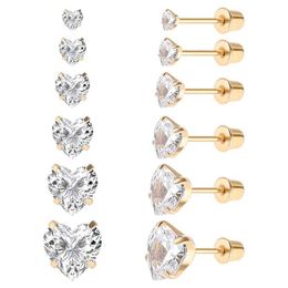 Stud 6 Pairs Stainless Steel Screw back Stud Earring Gold Plated Heart Star Square Princess Cut Round Cubic Zirconia CZ Stud Set S246041{category}