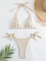 Mini bikini sexy womens swimsuit 2024 solid beige suspender buckle up push mini bikini summer swimsuit thong swimsuit 240531