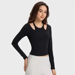 Active Shirts Halter Neck Long Sleeve Ribbed T-shirt Stretch Workout U-shaped Back Fitness Yoga Top Gym Women Clothing