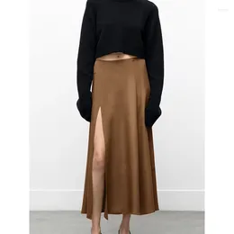 Skirts 2024 Spring Vintage Brown Skirt Female Maillard Texture Slimming Imitation Acetate Satin A- Line Umbrella Women's Clothing