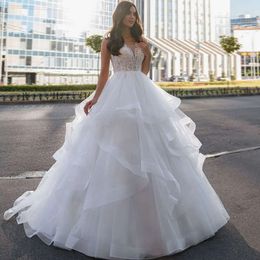 Princess Tulle Wedding Dresses Lace Appliques Puffy Modern Organza Bridal Ball Gowns Button Sweep Train Vestido De Novia 0605