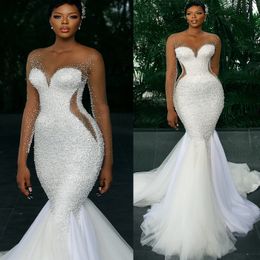 Aso Ebi 2024 White Mermaid Wedding Dresses Sheer Neck Beaded Pearls Luxurious Bridal Gowns Dresses LF067