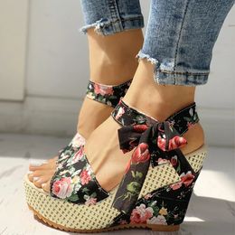 Heel Footwear Ladies Shoes Platform Floral Womens Lace-up Wedges Comfy Wedge Sandals For Women Dressy Sandals For Women 240605